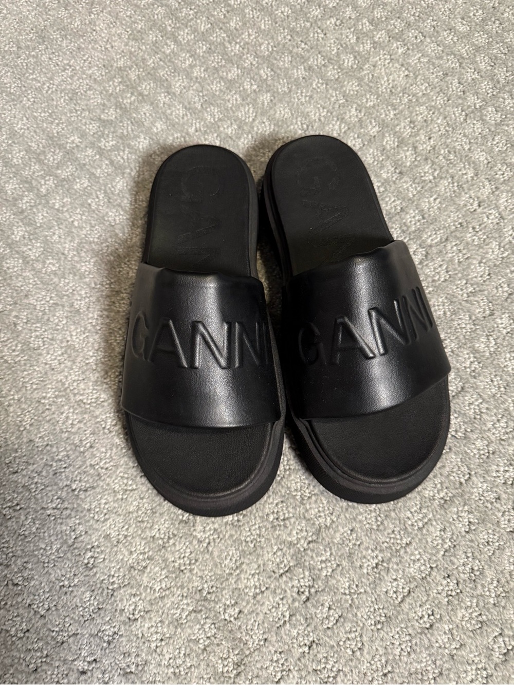 Ganni Black Embossed Logo Slide Sandals